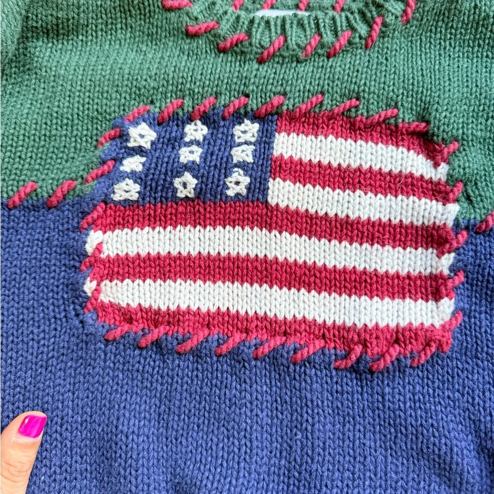 Kids ramie & cotton vintage‎ Color block Flag Knit Sweater - Green & Navy 4T